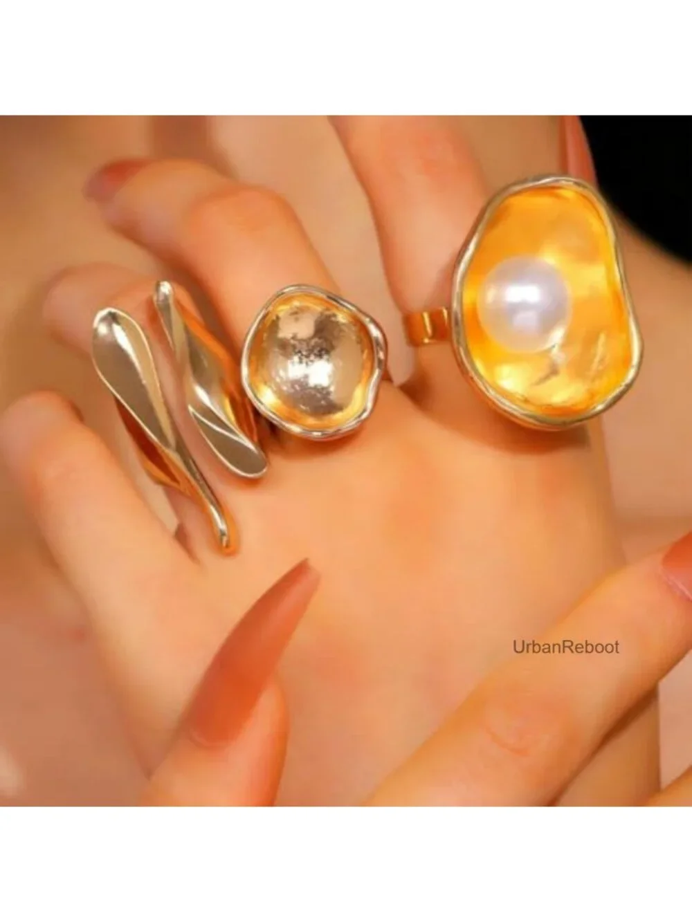 Chunky Gold Bowl Liquid Lava Knuckle Ring Set, Pearl Inlay Open Rings for